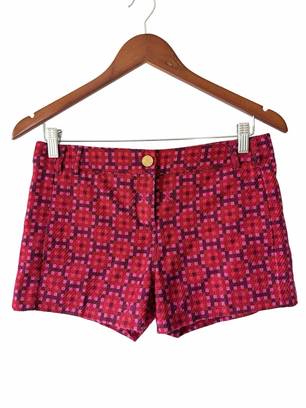 Tory Burch Red Magenta Geometric Jacquard Tweed Bryt Shorts Womens Size 0 Cotton